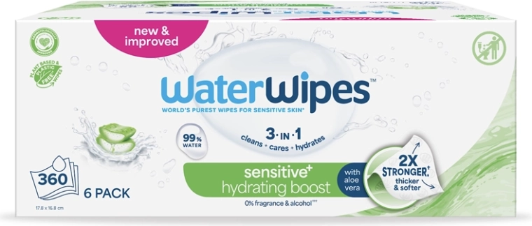WaterWipes feuchtigkeitsspendende Feuchttücher mit Aloe Vera 3-in-1 6×60 Stk. (360 Stk.)