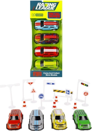 Rennwagen mit Verkehrsschildern