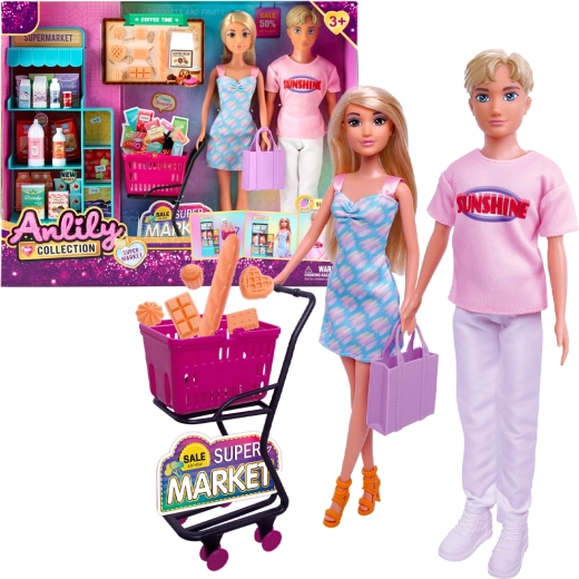 Puppenset für den Supermarkt mit Einkaufswagen