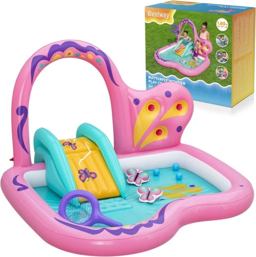 Bestway aufblasbares Wasser-Spielcenter Schmetterling 180 × 180 × 117 cm mit Rutsche und Zubehör