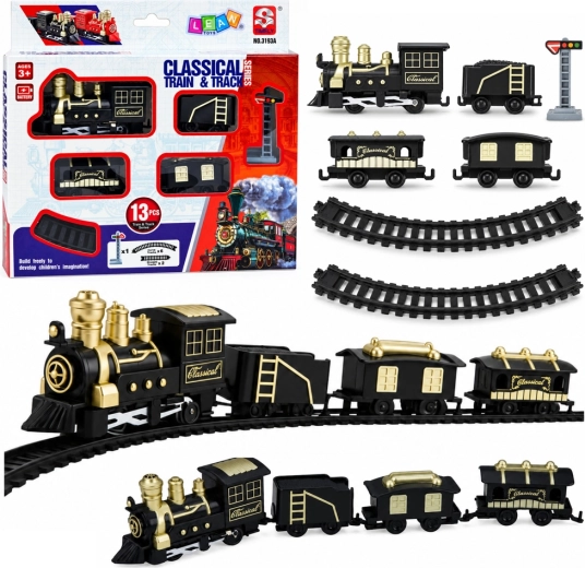 Klassischer batteriebetriebener Zug mit Lokomotive, Waggons und Schienen – 13 Teile