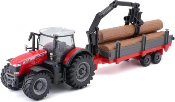 Bburago Farmland Traktor MASSEY FERGUSON 8740S mit Frontlader und Holzanhänger 10 cm