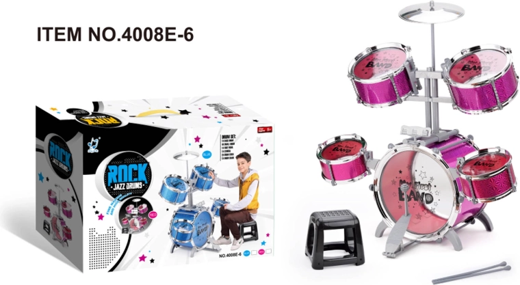Großes Kinder-Schlagzeugset Rock Band, rosa, mit Hocker