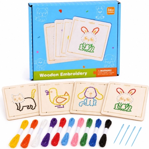 Holz-Montessori-Fädel- und Nähspielzeug für Kinder – Set mit 4 Tieren mit Stickgarn (Mouliné)