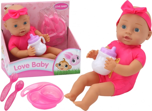 Stoffpuppe Baby mit rosa Haarband und Fütter-Set