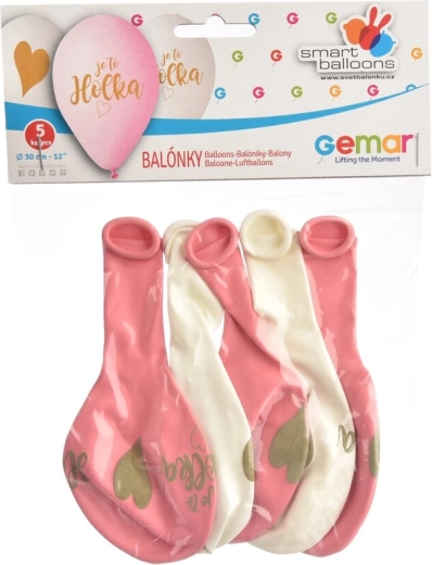 Latexballons „Es ist ein Mädchen“ rosa-weiß, 5 Stk.