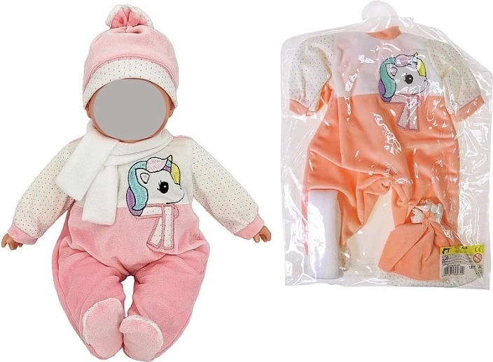Puppenkleidung für 45 cm Puppe – rosa Overall mit Einhorn, Mütze und Schal