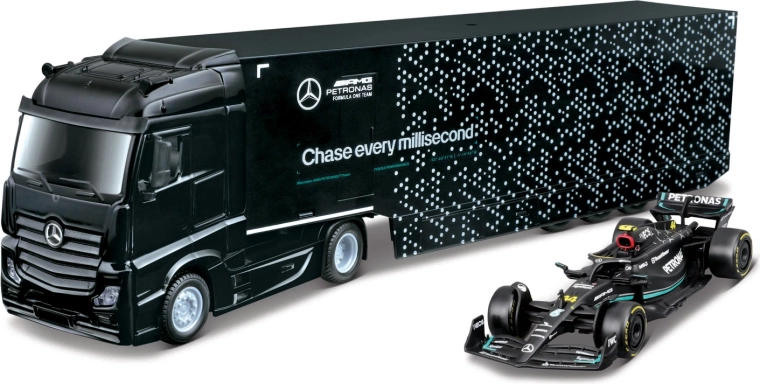 Bburago Sattelzug mit Anhänger für F1-Transport und Modell Mercedes-AMG Petronas W15 (2024) George Russell 1:43
