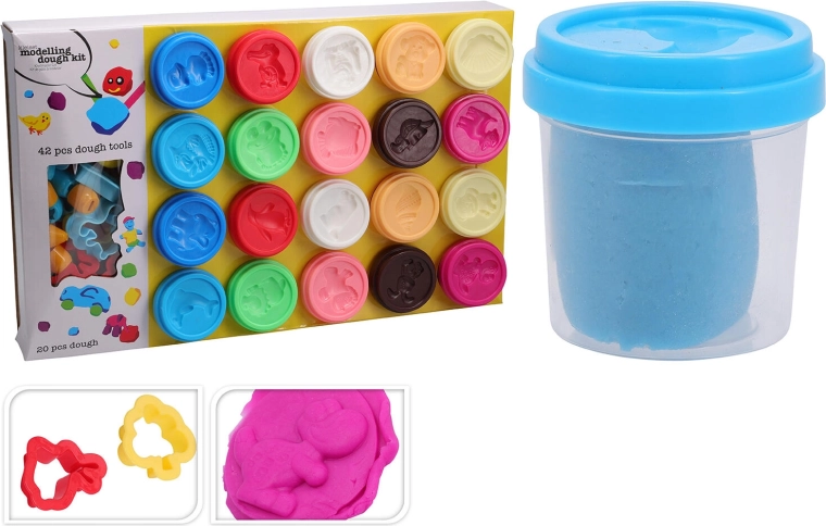 Knetmasse-Set im Becher 20 Stk. (55 g) mit 42 Stk. Zubehör