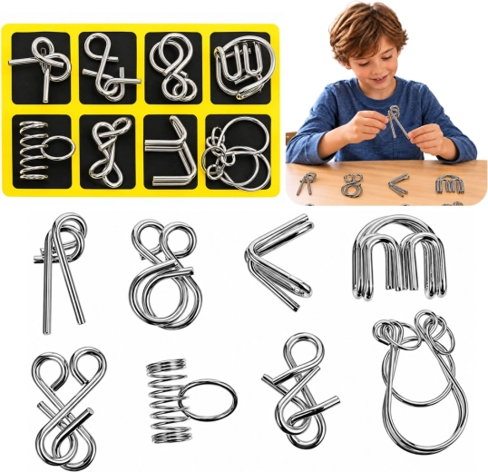 Metallene Drahtpuzzles mit gelber Ablage - 8 Stück