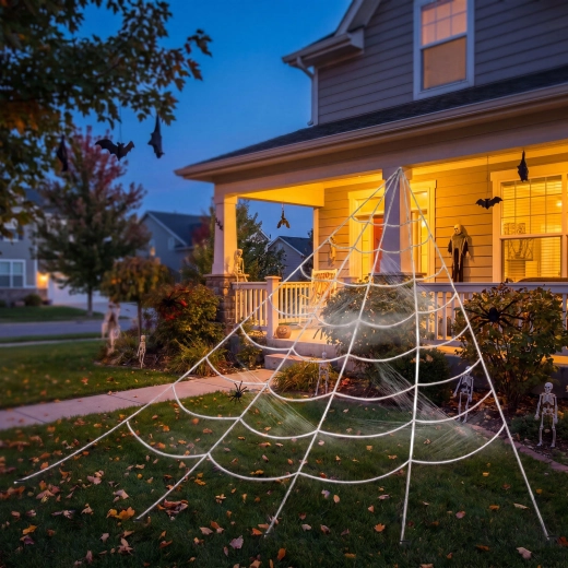 Halloween-Spinnennetz aus weißem Chenillegarn, 5 × 4,8 m, mit Befestigungsheringen