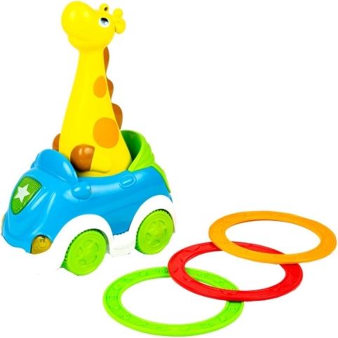 Interaktives Spiel Giraffe: Triff das Ziel mit fahrendem Auto und Ringen