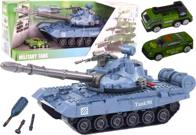 Interaktiver blauer Spielzeugpanzer mit Werkzeug und Geräuschen