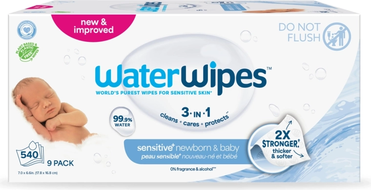WaterWipes Feuchttücher für Neugeborene und Kinder 3-in-1, 9 × 60 Stück