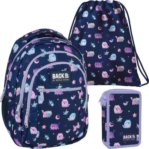 Schulset BackUP Violet Kittens 3-in-1 – Rucksack, gefülltes Federmäppchen und Turnbeutel