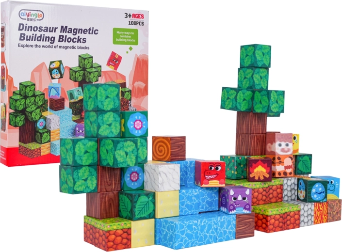 Set magnetischer 3D-Bausteine mit Dinosauriern – 100 Teile