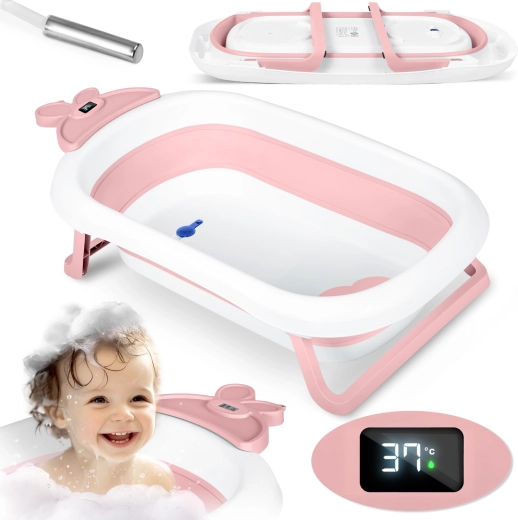 Faltbare Baby-Badewanne mit LCD-Thermometer, weiß/rosa