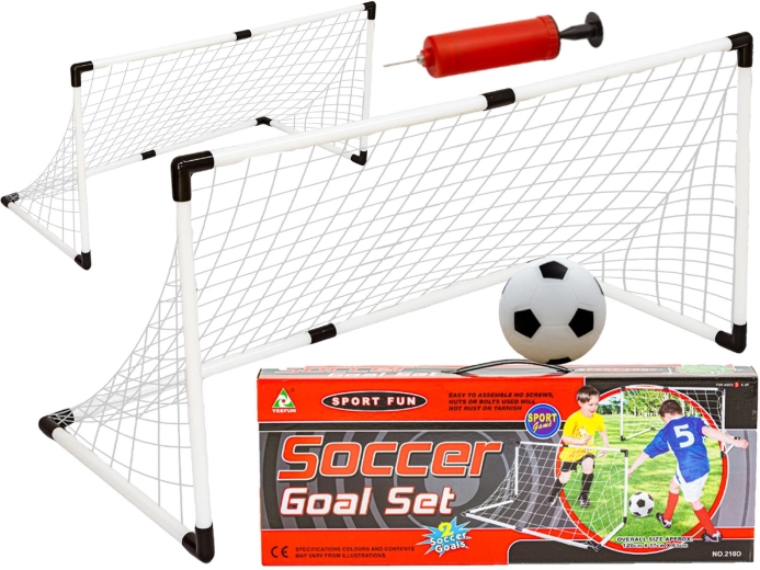 Set aus Fußballtoren mit Netz, Ball und Handpumpe