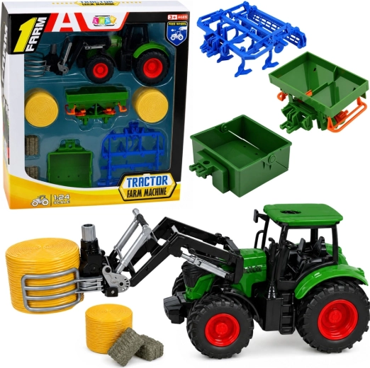 Bauernhof-Set: Traktor mit Frontlader und Ballenzange 1:24