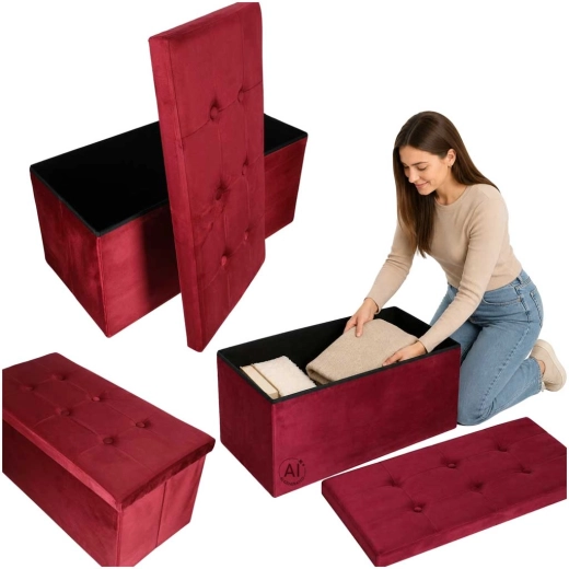 Faltbare Velours-Sitzbank/Pouf mit Stauraum bordeaux 77 × 38 × 37 cm - 1 Stück