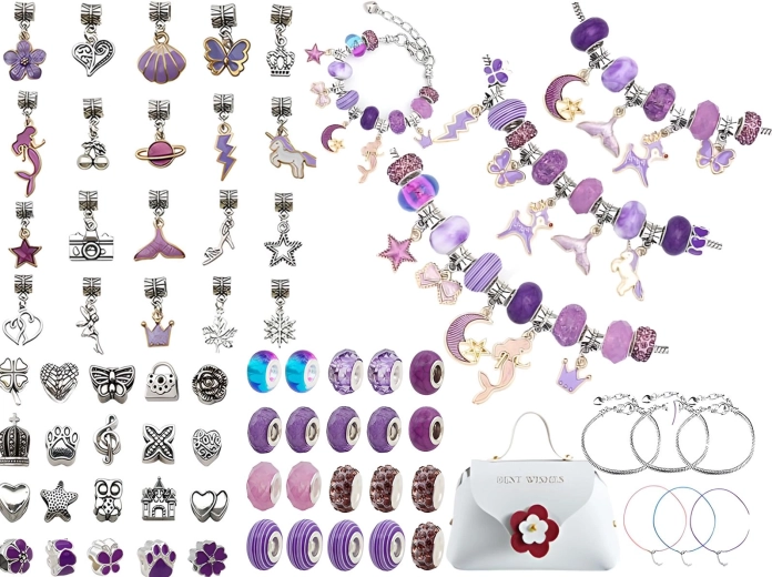 Set zum Herstellen von Armbändern mit Anhängern in Violetttönen mit Kosmetiktäschchen (66 Teile)