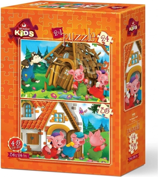 ART PUZZLE Die drei kleinen Schweinchen – Set mit 2 Puzzles (24 und 35 Teile), 34 × 24 cm