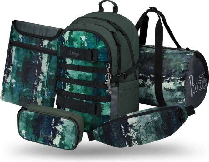 Baagl Set Skate Forest: Schulrucksack, Federmäppchen, Sporttasche, Bauchtasche und Laptophülle