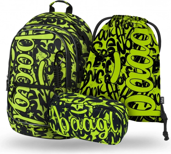 Schulset BAAGL Core Lime – Rucksack, Federmäppchen und Turnbeutel