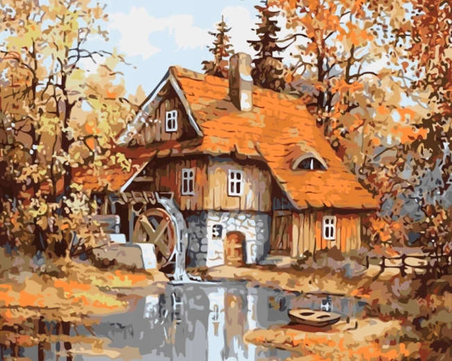 NORIMPEX Malen nach Zahlen Mühle im Wald am Teich 40 × 50 cm