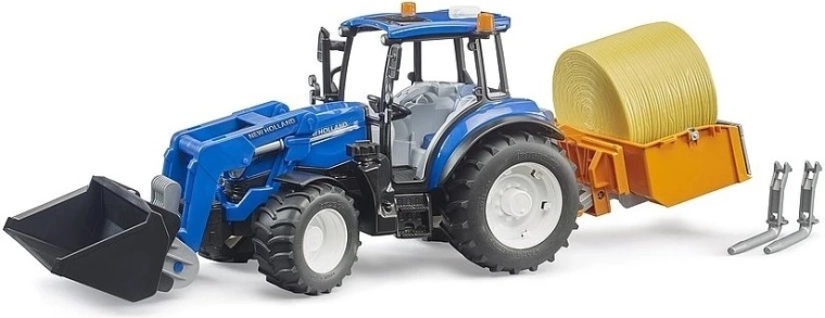 Bruder Traktor NEW HOLLAND T5.120 mit Frontlader, Mulde, Gabelzinken und Heuballen