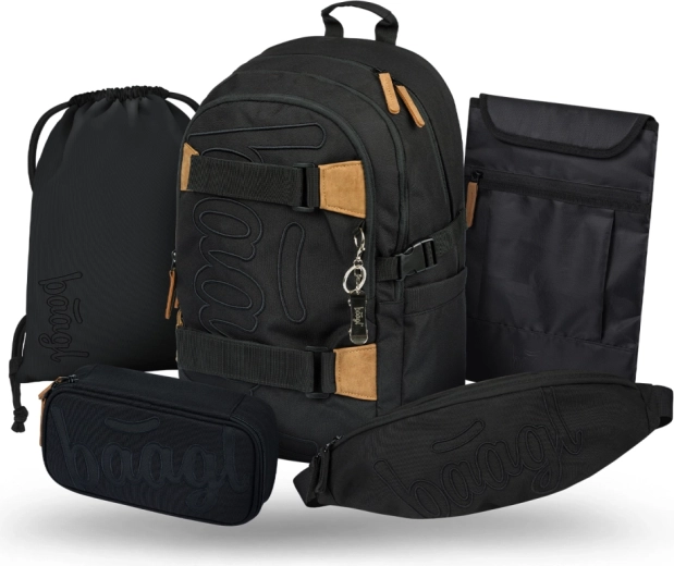 Baagl Schulset Skate Darkness – Rucksack, Federmäppchen, Beutel, Gürteltasche und Laptop-Hülle