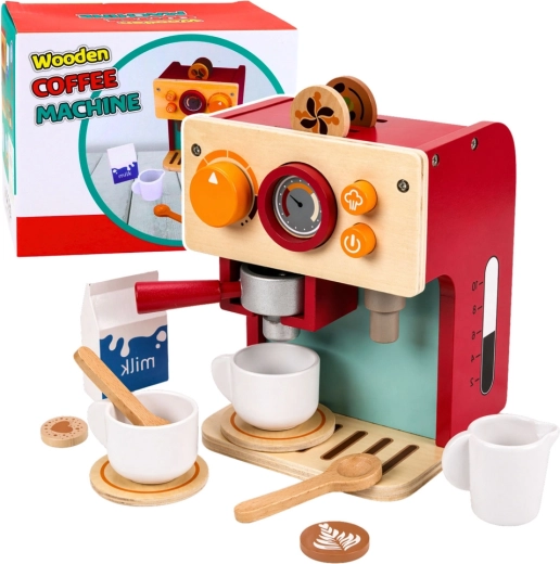 Holz-Kaffeemaschine für kleine Baristas mit Tassen und Zubehör