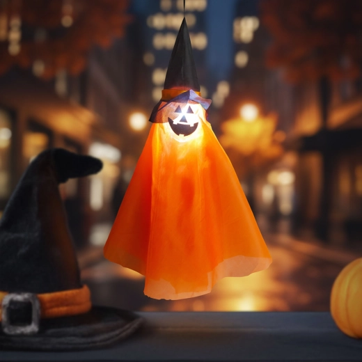 Halloween-Hängedekoration in Form eines leuchtenden Kürbisses mit Hexenhut