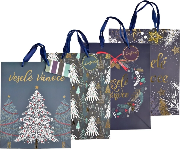 Weihnachtliche Papier-Geschenktüte mit Prägung, blau 26 × 10 × 32 cm (Mix aus 4 Motiven)