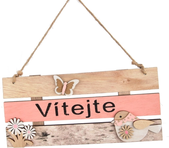 Holzschild „Willkommen“ braun-rosa 24 × 11 cm