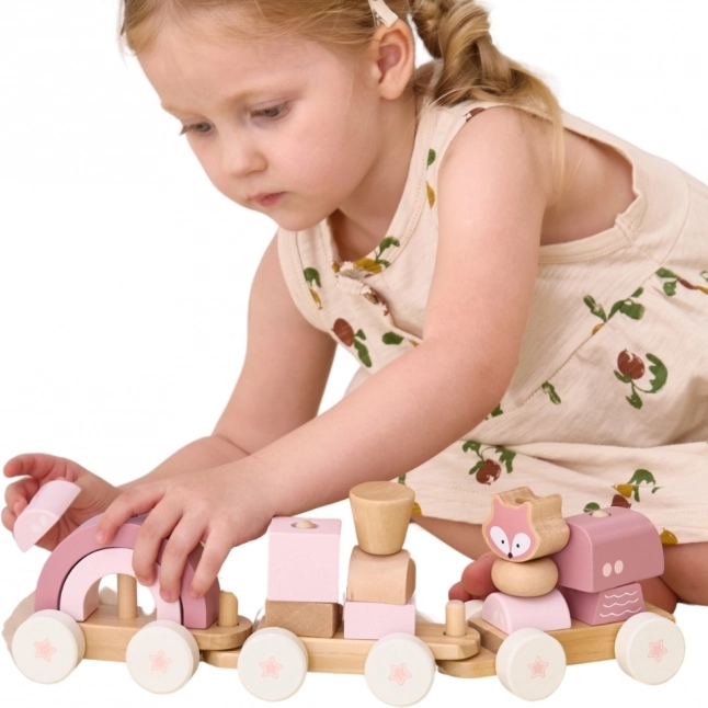 hölzener PolarB-Zug in Rosa mit Waggons und Bausteinen von Viga