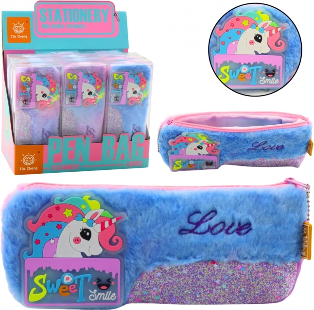 Plüsch-Federmäppchen mit Einhorn, blau mit glitzernden Elementen