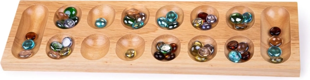 Holzspiel Mancala mit bunten Glasmurmeln Bigjigs Toys
