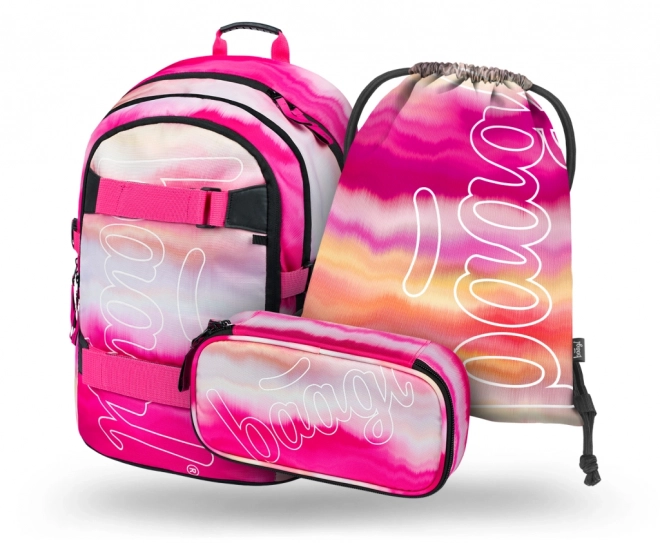 Baagl 3er Set Skate Rosa Streifen: Rucksack, Federmäppchen, Beutel