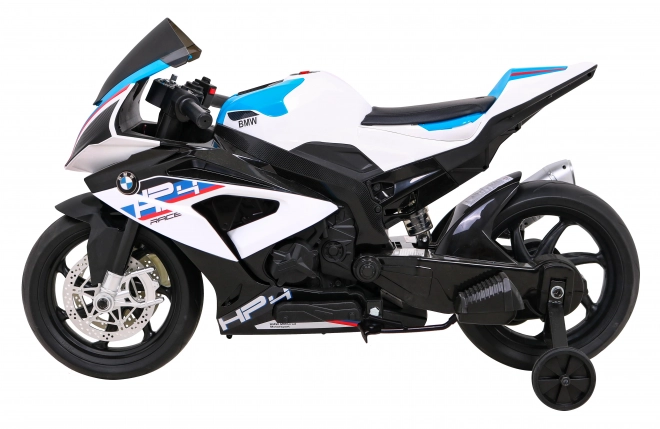 Kinder-Elektromotorrad BMW HP4 Weiß + Stützräder + sanfter Start + EVA + MP3 LED
