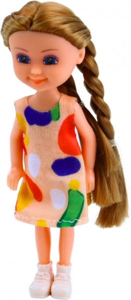 Mini-Puppe mit langen Haaren im Kleid, 15 cm