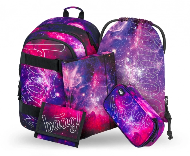 Baagl 5-teiliges Set Skate Galaxy: Rucksack, Federmäppchen, Beutel, Mappe, Geldbörse