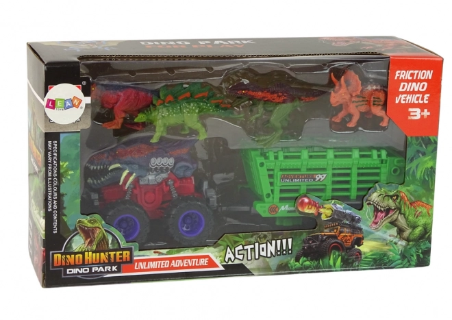 Dinosaurier-Spielzeugauto mit Anhänger und 4 Dinosauriern