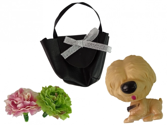 Emily Puppe mit Hund, Tasche und Blumen