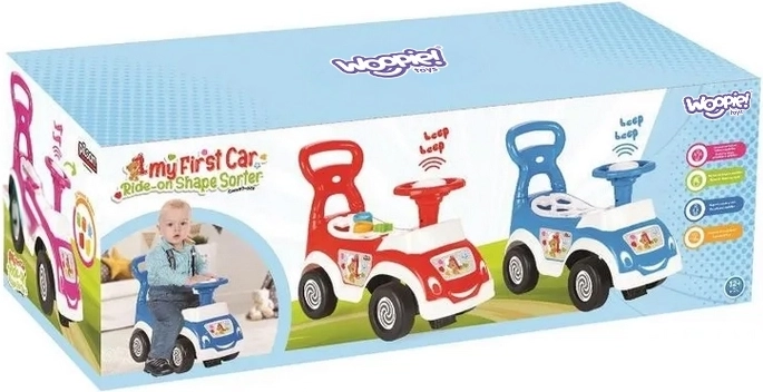 Woopie Rutschauto 4-in-1 mit Sortierbox, Schiebestange und Hupe mit Geheimfach