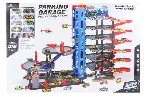 Große Parkgarage mit Autos und Helikopterlandeplatz