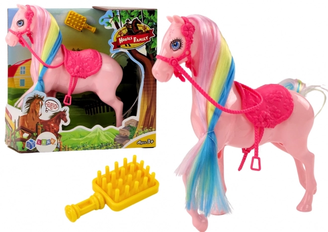 Pferdefigur mit bunter Mähne und rosa Sattel