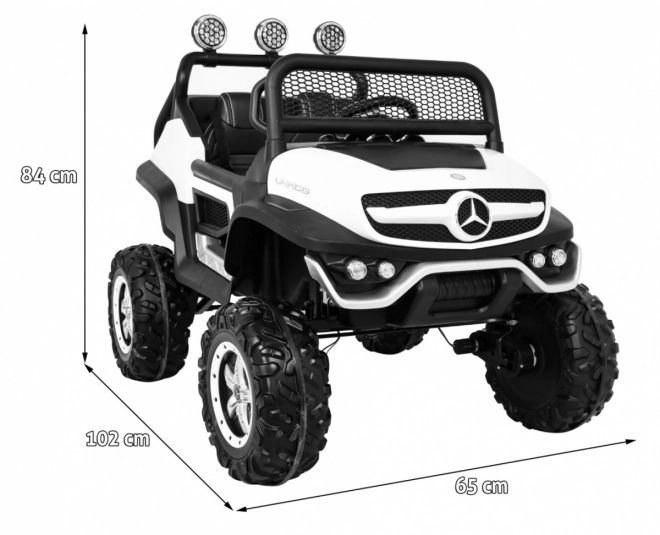 Mercedes Benz Unimog für Kinder Weiß + Antrieb 4x4 + Fernbedienung + Gepäckträger + langsamer Start + MP3 LED