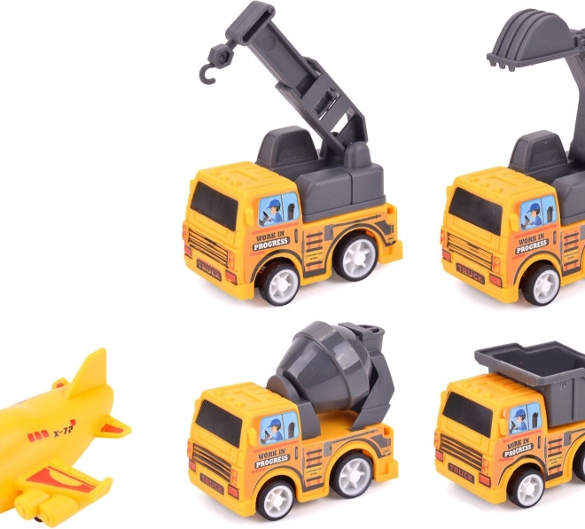 Set kleine Baumaschinen und Flugzeug mit Rückzugmechanismus