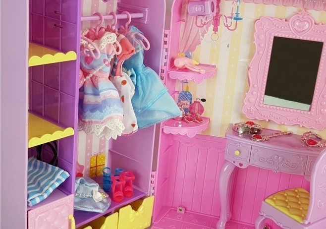 Garderobe mit Beleuchtung und Spiegel, Puppe 26 cm, Kleiderset und Zubehör